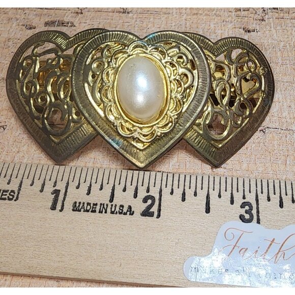 Vintage Korea Gold Tone Faux Pearl Cabochon Heart Hair Barrette Clip Scroll - Picture 2 of 4